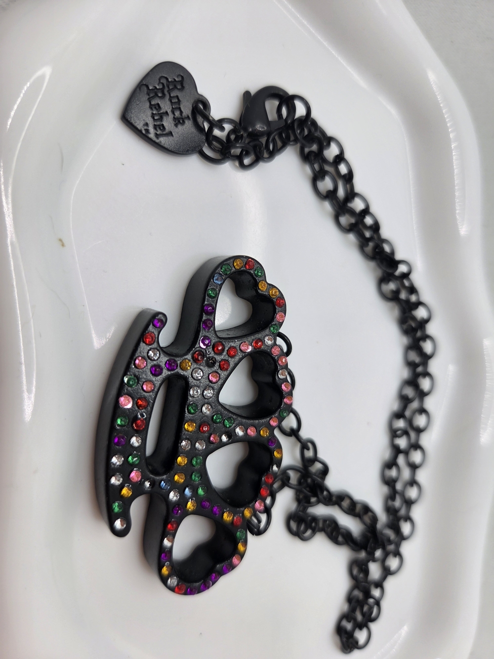 ⚡️🌈 Rock Rebel Matte Black Rhinestone Knuckle Duster Necklace 🖤💎
